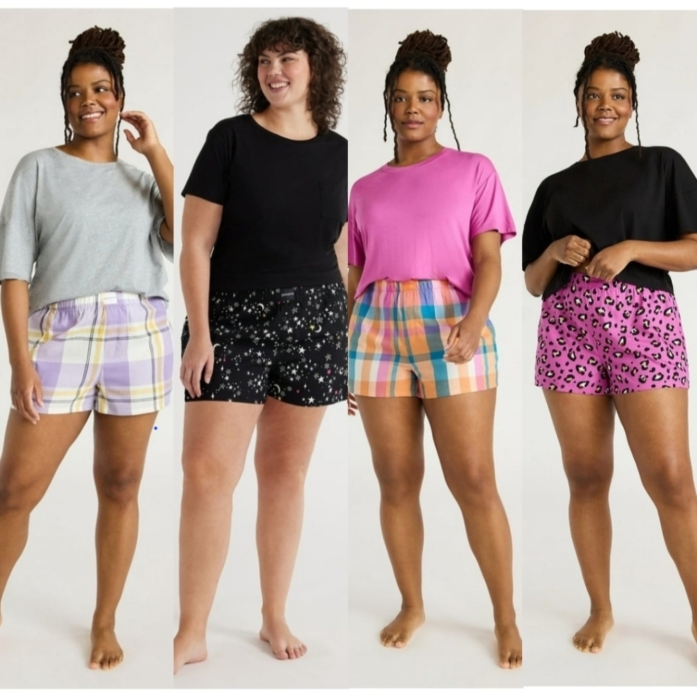 Plus Size 3X Woven Pajama Boxer Shorts Pink Cheetah Orange Blossom Stars Moons